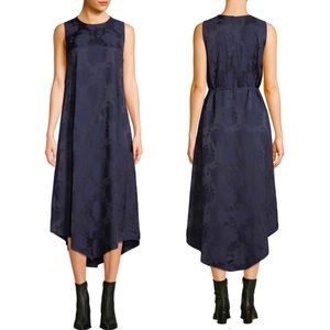 Vince floral satin jacquard sleeveless asymmetric hem midi navy dress Size XS
